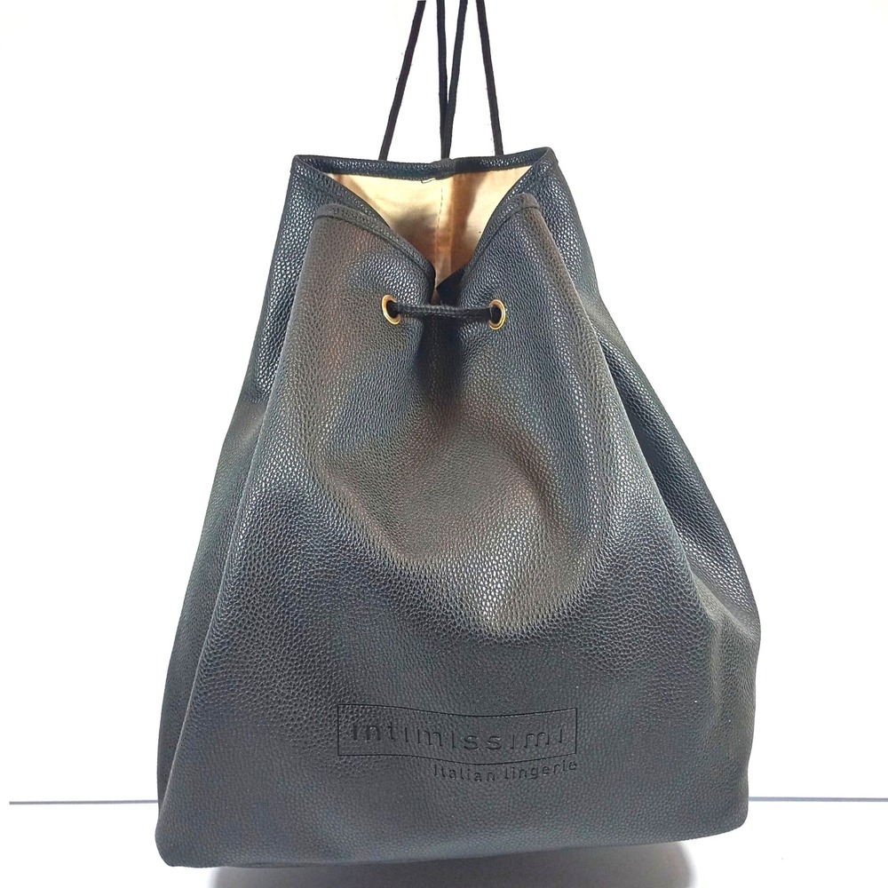 Intimissimi Womens Drawstring Backpack Black Faux Leather Large Travel Daypack